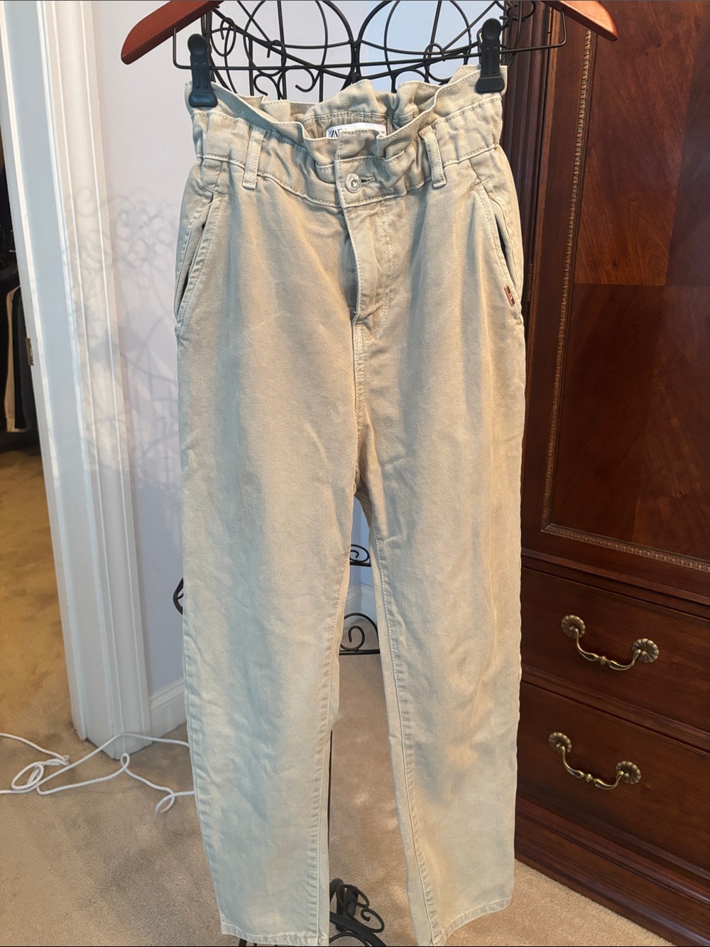 High-Rise Paperbag Waist Pants in Light Tan